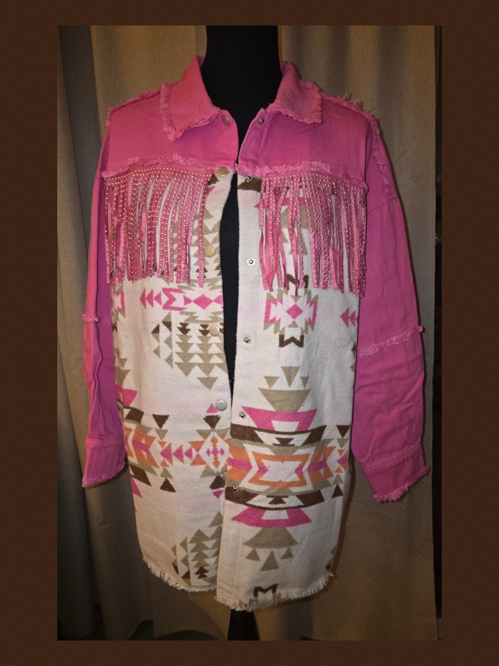 Aztec-Pattern Pink Fringe Denim Jacket
